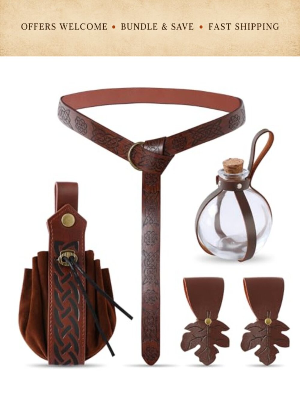 Renaissance Faux Leather Belt with Potion Bottles Pouch Skirt Hike Cosplay